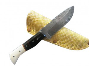 Damascus Full Tang Guthook Knife Blade Fixed Sheath Skinning 9"