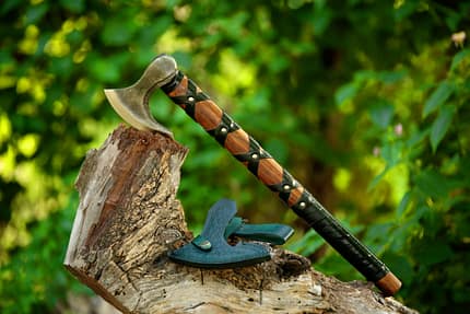 Hand Made Celtic Axe, New Ragnar Style Viking Axe with Rose Wood Shaft-Sheath, Hand-Forged Viking Bearded Camp Axe
