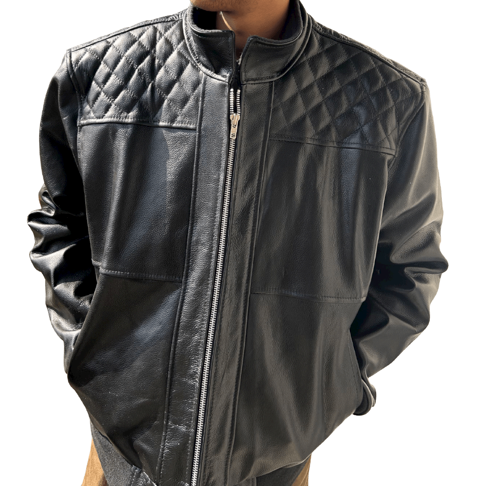 Men's Quilted Shoulder Rib Design Slim Leather Jacket by Venom Jackets
