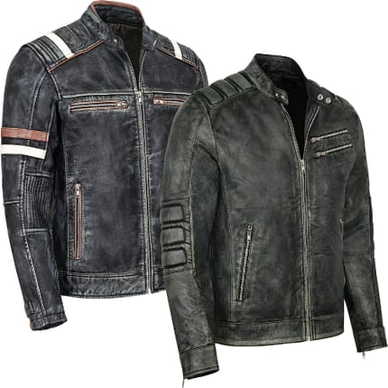 Real Sheepskin Biker Leather Jacket Men Vintage Motorcycle Black Cafe Racer Coat