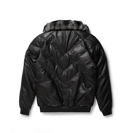 Black Leather Chinchilla Collar V Bomber Jacket back side