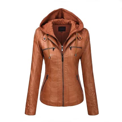 Brown Womens Hooded Faux Leather Fashion Jacket Motocollection