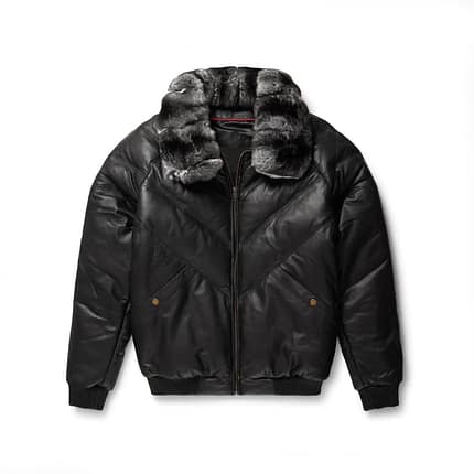 Black Leather Chinchilla Collar V Bomber Jacket