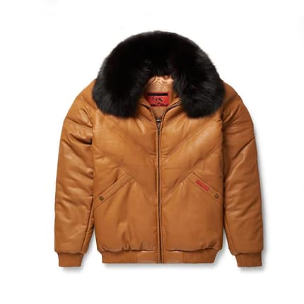 Brown Color V-Bomber Leather Jacket For Men