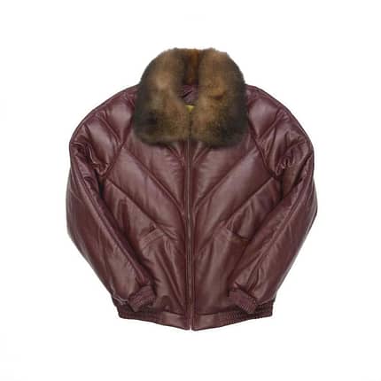 Burgundy Color Real Quality Fur V Bomber Leather Jacket