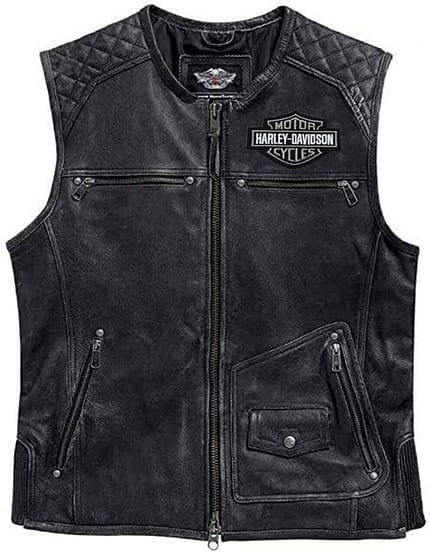 Harley Davidson Men’s Genuine Leather Black Biker Vest Moto Cafe with 4 Front Pockets Motocollection