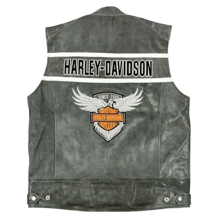 Harley Davidson Men's Genuine Leather Grey Biker Vest with 4 Front Pockets Motocollection