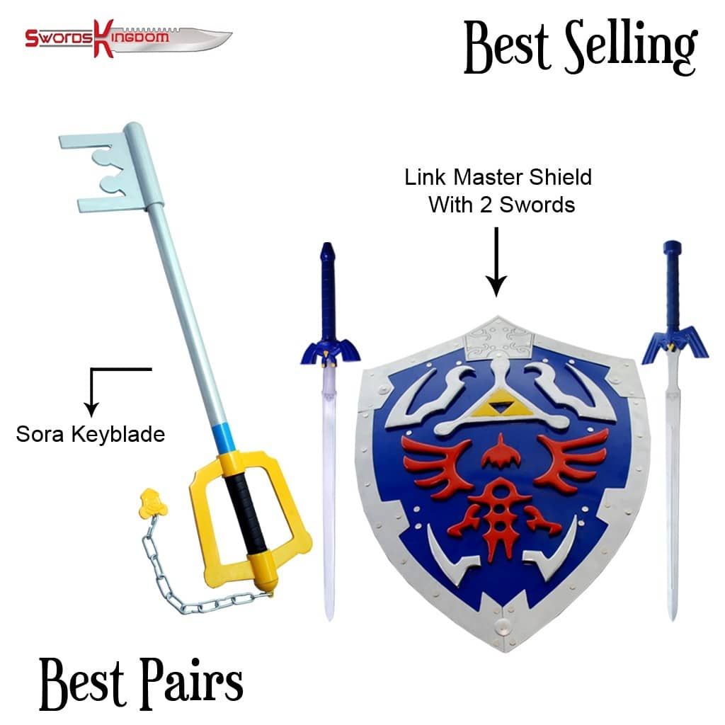 Kingdom Hearts Sora Keyblade Replica Yellow 29" & Link Hylian Shield with 2 Master Swords Set