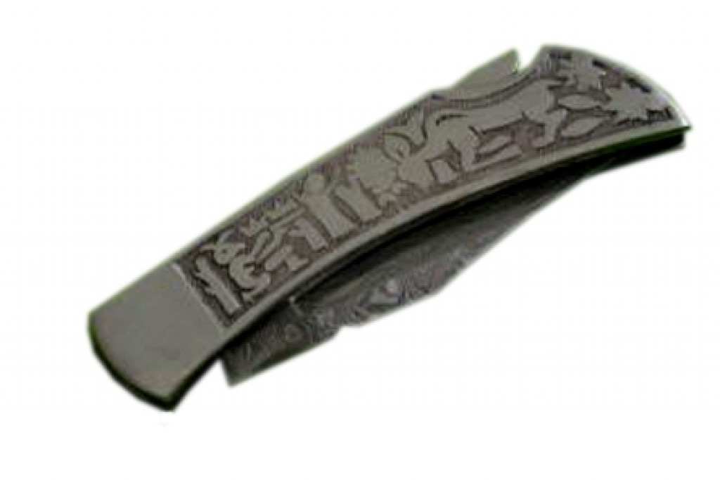 New Folding Knife Damascus Steel Blade Engraved Handle Black Leather Sheath