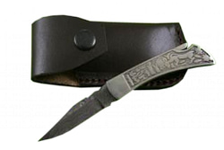 New Folding Knife Damascus Steel Blade Engraved Handle Black Leather Sheath