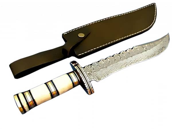 Hand Crafted Damascus Bowie Knife Fixed Custom Leather Bowie 15.4