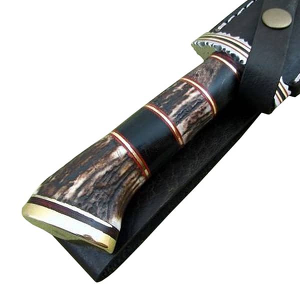 A Piece of Art Stag Horn Handle Damascus Knife with Black Leather Sheath